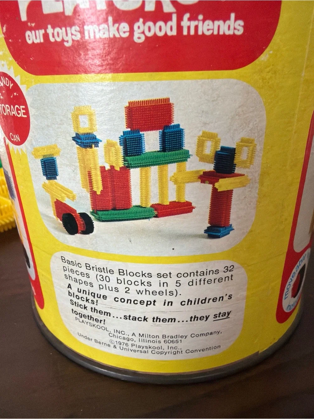 Vintage 1976 Playskool Bristle Blocks Basic Set #805 with Original Canister